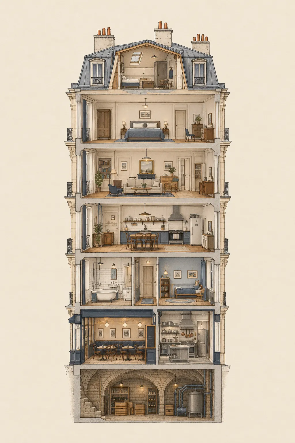 Coupe d'un immeuble haussmannien, des combles à la cave